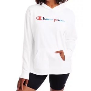 Champion women’s white pullover multicolor logo hoodie